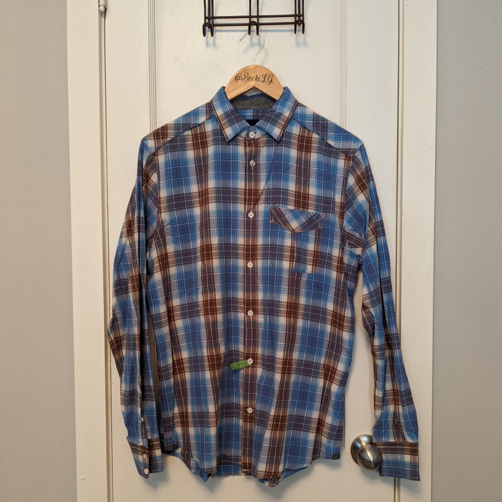 GAP Blue and Brown Plaid Casual Button Down Men's Shirt